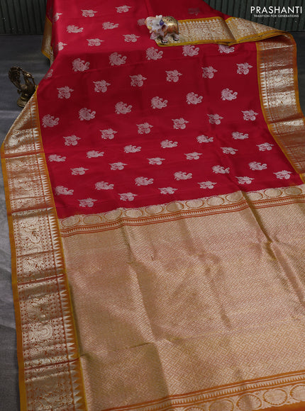 Venkatagiri silk saree red and mustard yellow with allover silver zari woven buttas and silver zari woven border