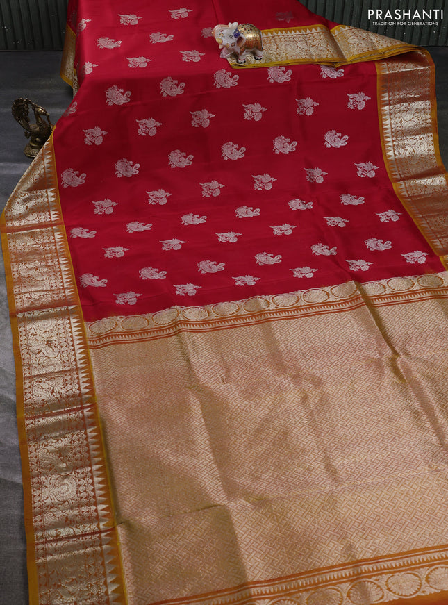 Venkatagiri silk saree red and mustard yellow with allover silver zari woven buttas and silver zari woven border