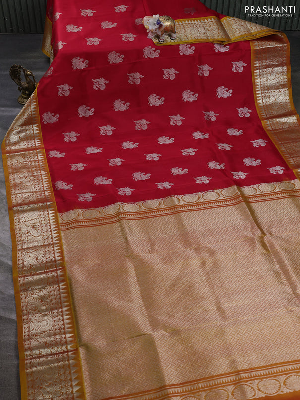 Venkatagiri silk saree red and mustard yellow with allover silver zari woven buttas and silver zari woven border