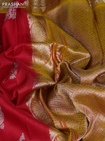 Venkatagiri silk saree red and mustard yellow with allover silver zari woven buttas and silver zari woven border