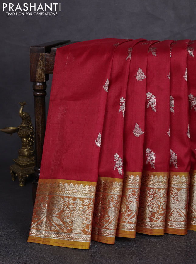 Venkatagiri silk saree red and mustard yellow with allover silver zari woven buttas and silver zari woven border