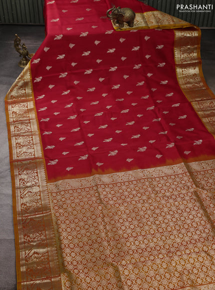 Venkatagiri silk saree red and mustard yellow with allover silver zari woven buttas and silver zari woven border