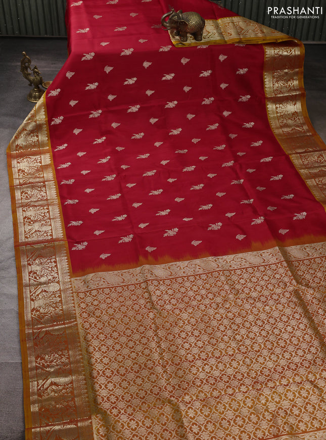 Venkatagiri silk saree red and mustard yellow with allover silver zari woven buttas and silver zari woven border