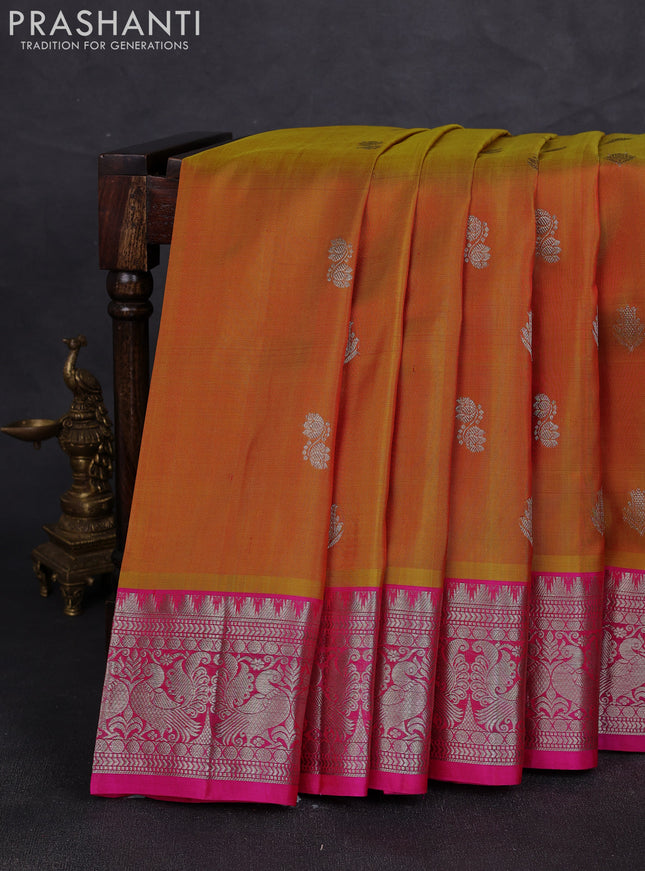 Venkatagiri silk saree mustard yellow and pink with allover silver zari woven buttas and silver zari woven border