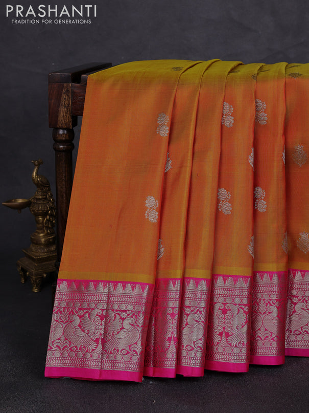 Venkatagiri silk saree mustard yellow and pink with allover silver zari woven buttas and silver zari woven border