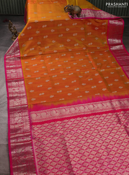 Venkatagiri silk saree mustard yellow and pink with allover silver zari woven buttas and silver zari woven border