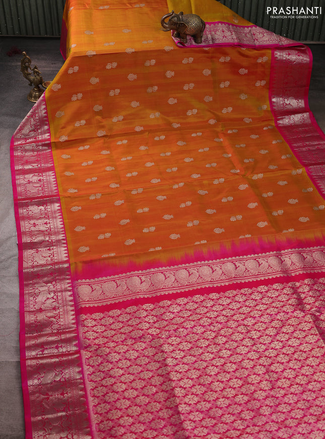 Venkatagiri silk saree mustard yellow and pink with allover silver zari woven buttas and silver zari woven border