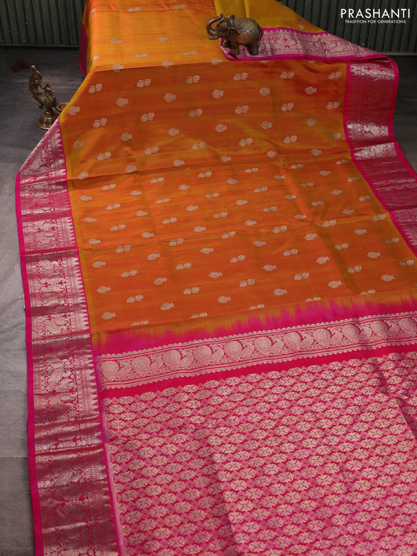 Venkatagiri silk saree mustard yellow and pink with allover silver zari woven buttas and silver zari woven border