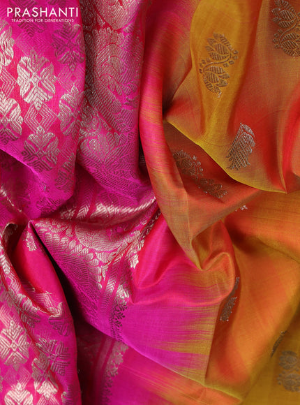 Venkatagiri silk saree mustard yellow and pink with allover silver zari woven buttas and silver zari woven border