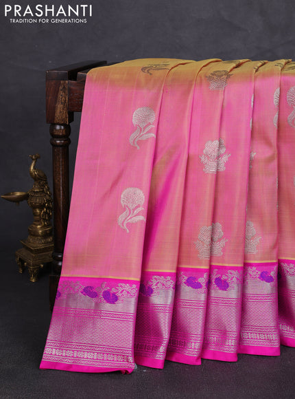 Venkatagiri silk saree dual shade of pink and pink with allover silver zari woven buttas and silver zari woven border