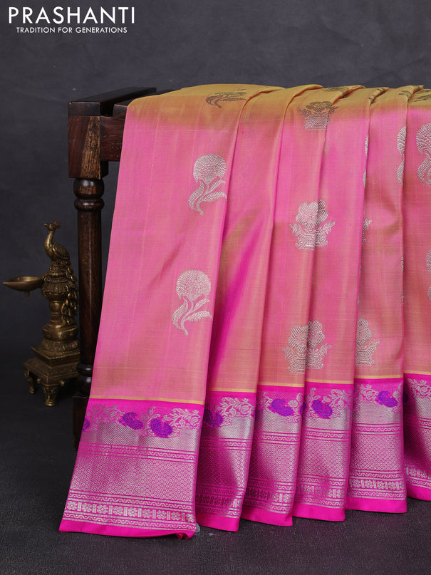 Venkatagiri silk saree dual shade of pink and pink with allover silver zari woven buttas and silver zari woven border