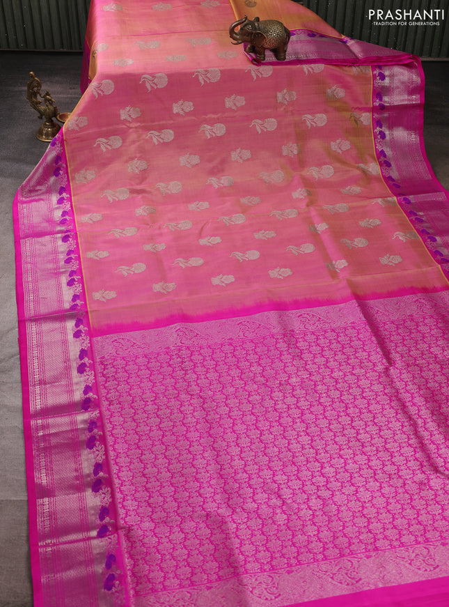 Venkatagiri silk saree dual shade of pink and pink with allover silver zari woven buttas and silver zari woven border