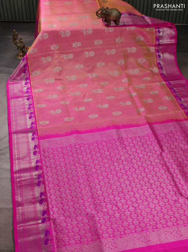 Venkatagiri silk saree dual shade of pink and pink with allover silver zari woven buttas and silver zari woven border