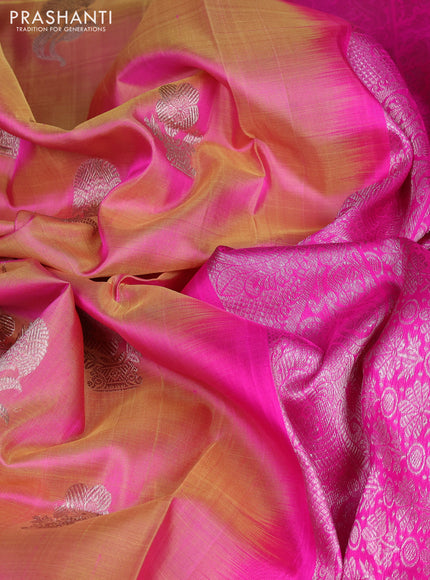 Venkatagiri silk saree dual shade of pink and pink with allover silver zari woven buttas and silver zari woven border