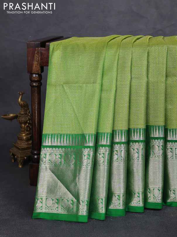Venkatagiri silk saree light green and green with allover small zari checks & buttas and silver zari zari woven border