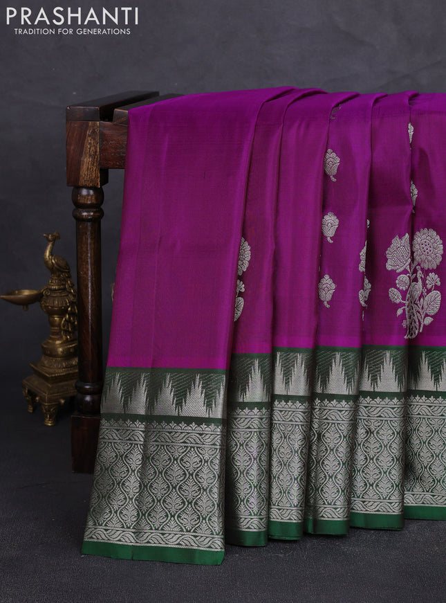 Venkatagiri silk saree pink and bottle green with allover zari woven buttas and long temple zari woven border