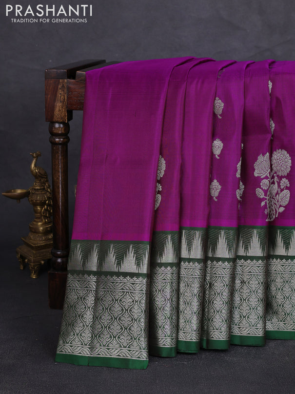 Venkatagiri silk saree pink and bottle green with allover zari woven buttas and long temple zari woven border