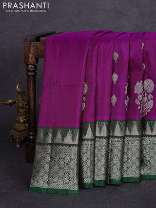 Venkatagiri silk saree pink and bottle green with allover zari woven buttas and long temple zari woven border