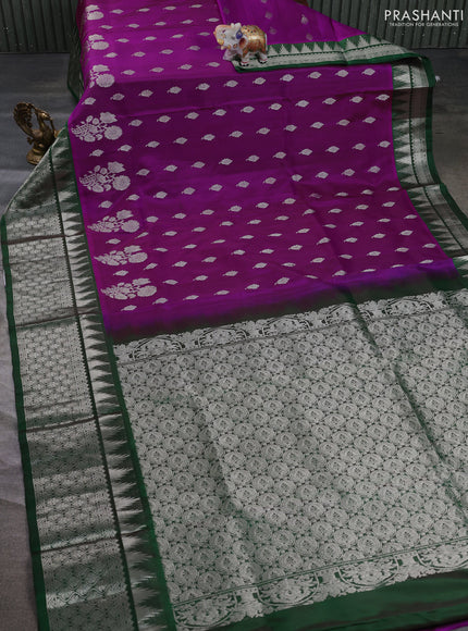 Venkatagiri silk saree pink and bottle green with allover zari woven buttas and long temple zari woven border
