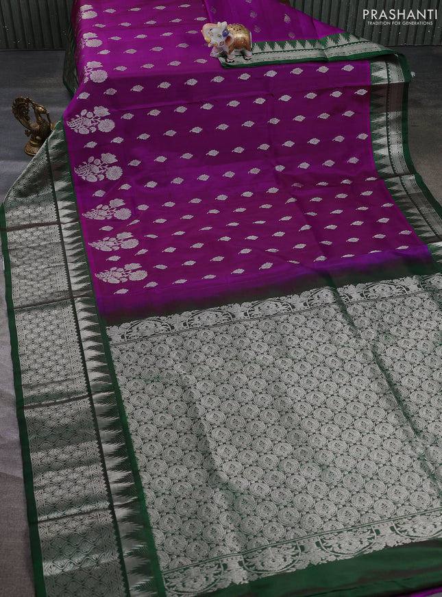 Venkatagiri silk saree pink and bottle green with allover zari woven buttas and long temple zari woven border