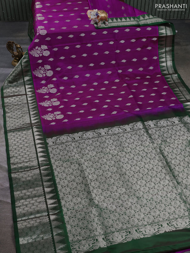 Venkatagiri silk saree pink and bottle green with allover zari woven buttas and long temple zari woven border