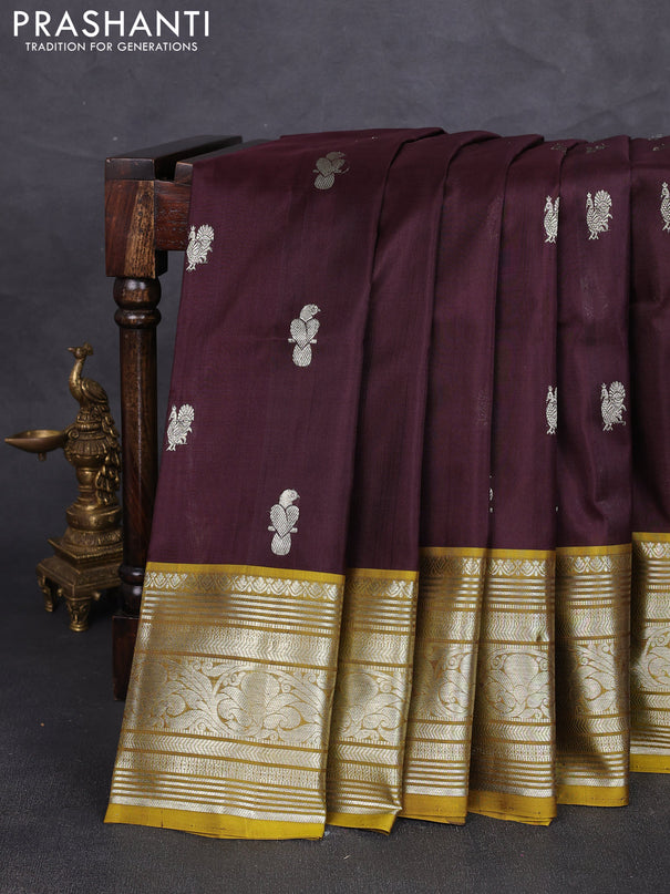 Venkatagiri silk saree coffee brown and mustard green with allover zari woven buttas and long zari woven border