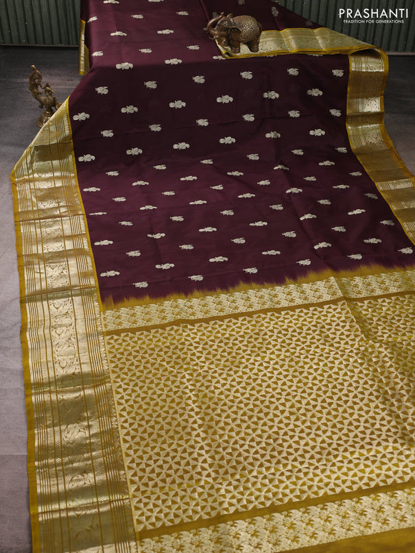 Venkatagiri silk saree coffee brown and mustard green with allover zari woven buttas and long zari woven border