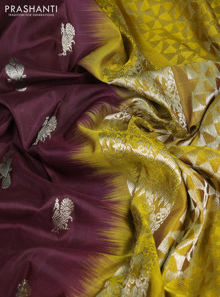 Venkatagiri silk saree coffee brown and mustard green with allover zari woven buttas and long zari woven border