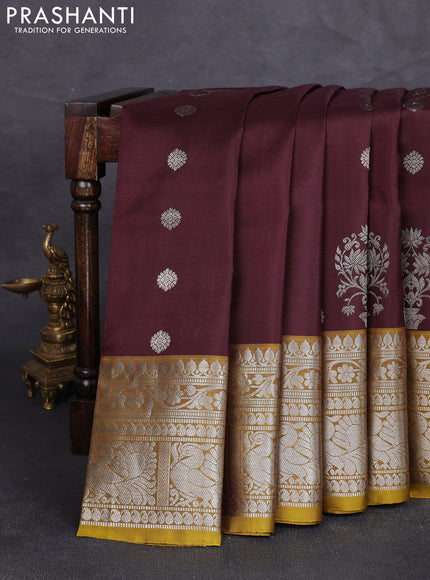 Venkatagiri silk saree coffee brown and mustard green with allover zari woven buttas and long zari woven border