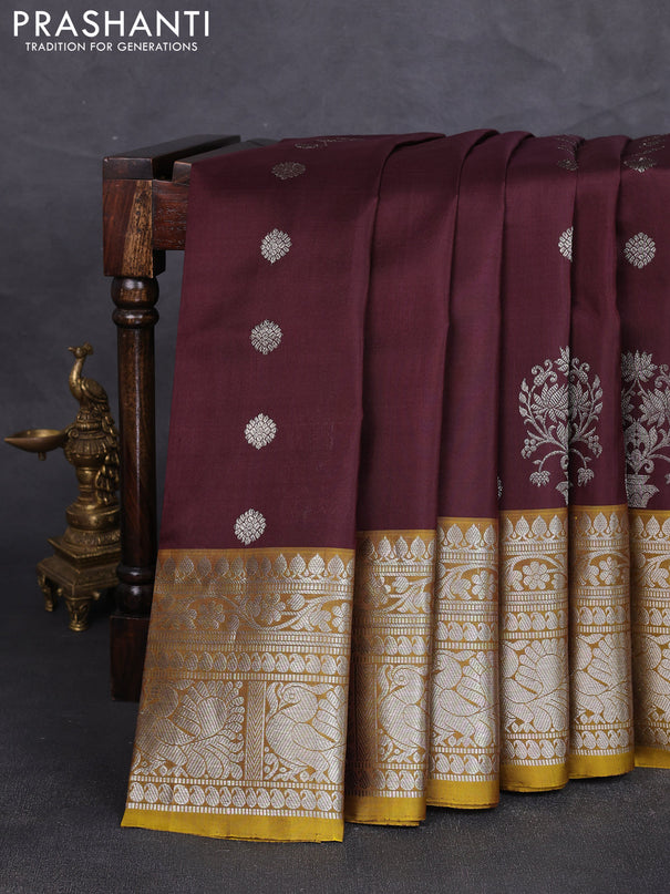 Venkatagiri silk saree coffee brown and mustard green with allover zari woven buttas and long zari woven border