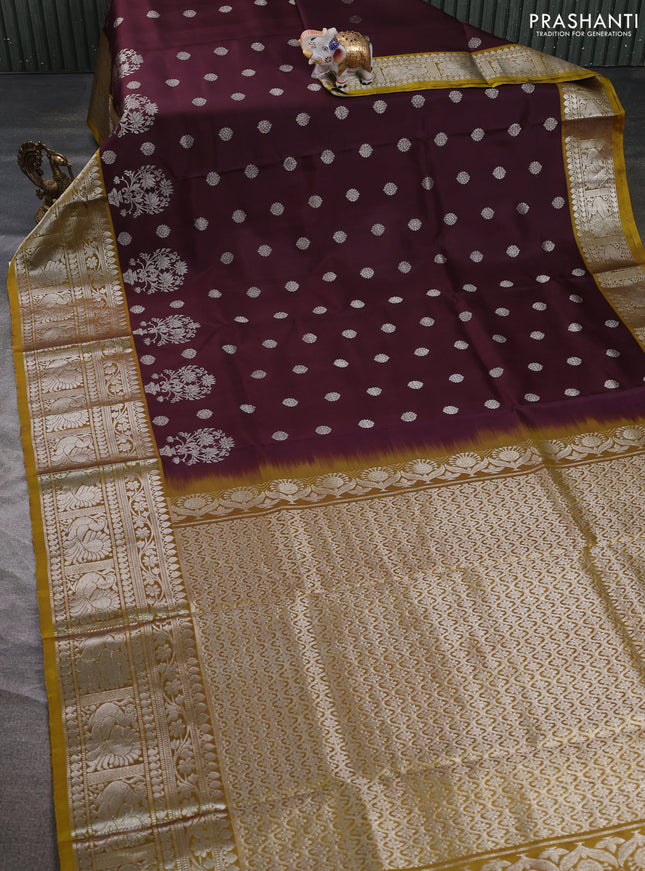 Venkatagiri silk saree coffee brown and mustard green with allover zari woven buttas and long zari woven border