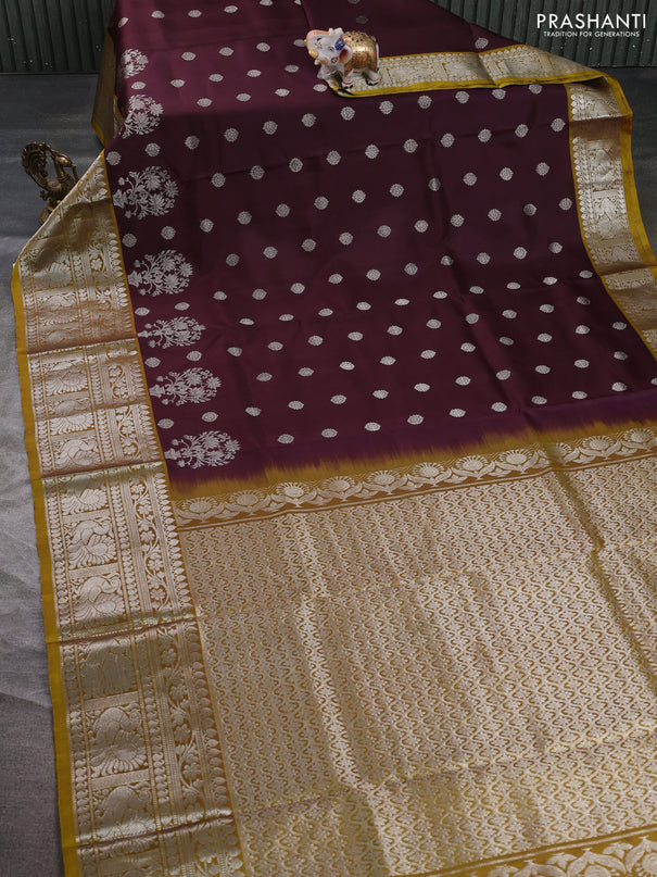 Venkatagiri silk saree coffee brown and mustard green with allover zari woven buttas and long zari woven border