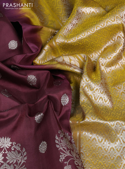 Venkatagiri silk saree coffee brown and mustard green with allover zari woven buttas and long zari woven border