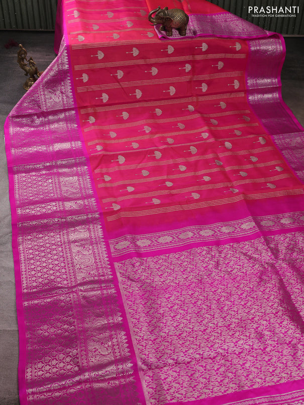 Venkatagiri silk saree dual shade of pinkish orange and pink with allover zari weaves & buttas and long zari woven border