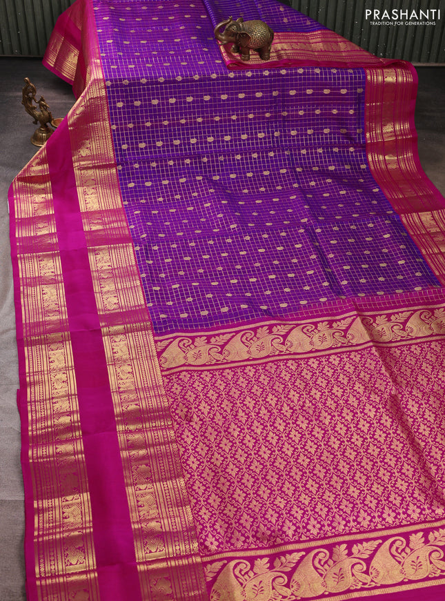Venkatagiri silk saree violet and pink with allover small checks & buttas and long rettapet zari woven border