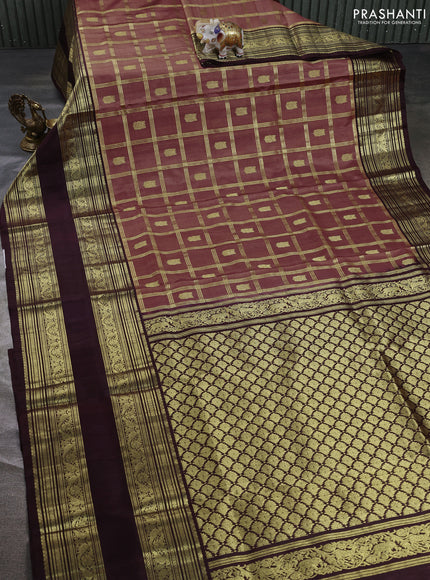 Venkatagiri silk saree mauve pink and coffee brown with allover zari checks & buttas and long rettapet zari woven border