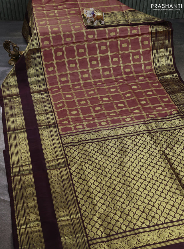 Venkatagiri silk saree mauve pink and coffee brown with allover zari checks & buttas and long rettapet zari woven border