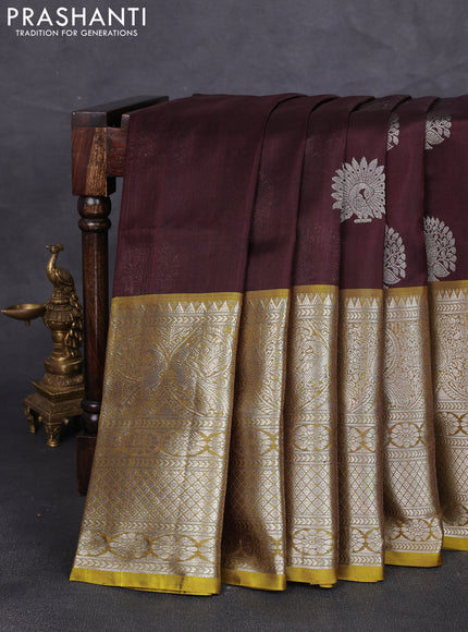 Venkatagiri silk saree coffee brown and mustard green with allover zari weaves & buttas and long zari woven border