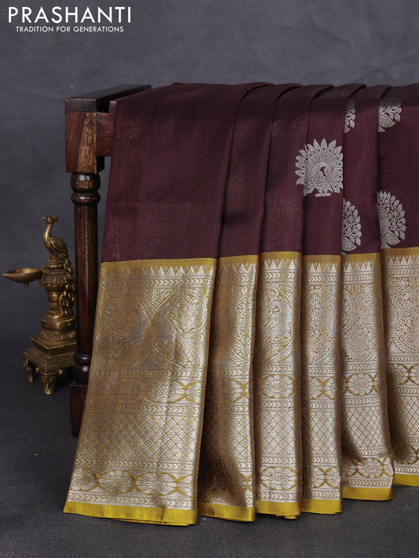 Venkatagiri silk saree coffee brown and mustard green with allover zari weaves & buttas and long zari woven border