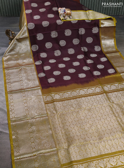 Venkatagiri silk saree coffee brown and mustard green with allover zari weaves & buttas and long zari woven border