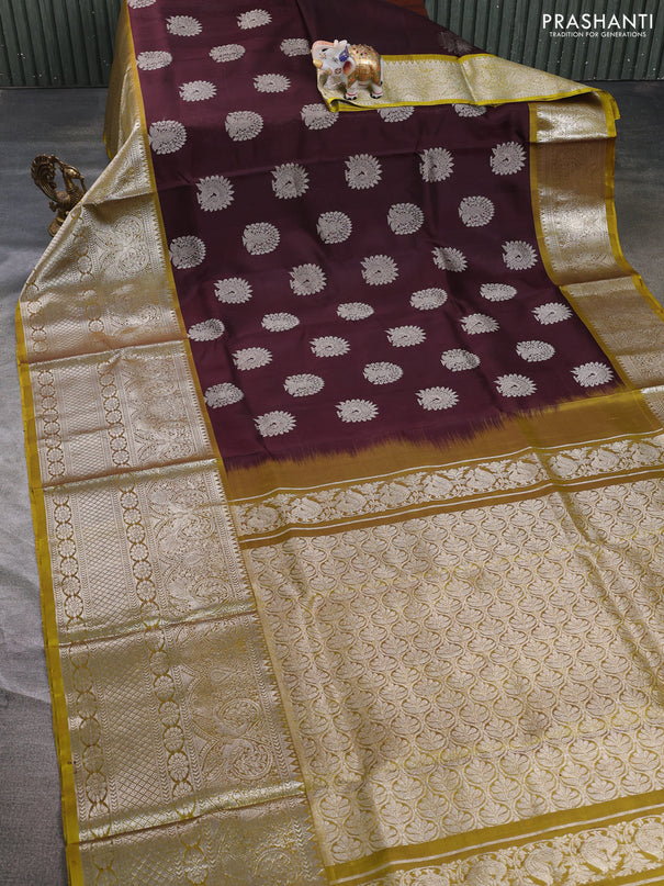 Venkatagiri silk saree coffee brown and mustard green with allover zari weaves & buttas and long zari woven border