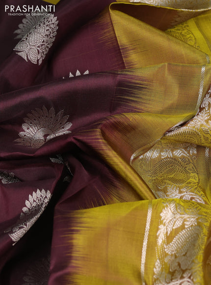 Venkatagiri silk saree coffee brown and mustard green with allover zari weaves & buttas and long zari woven border