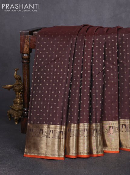Pure kanchipuram silk saree coffee brown and orange with allover zari woven 1000 buttas and rich zari woven border