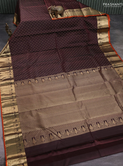 Pure kanchipuram silk saree coffee brown and orange with allover zari woven 1000 buttas and rich zari woven border