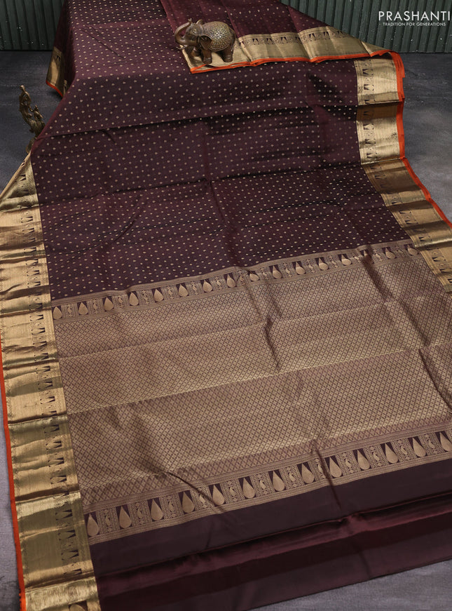 Pure kanchipuram silk saree coffee brown and orange with allover zari woven 1000 buttas and rich zari woven border
