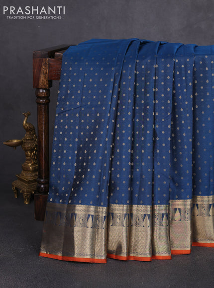Pure kanchipuram silk saree peacock blue and orange with allover zari woven 1000 buttas and rich zari woven border