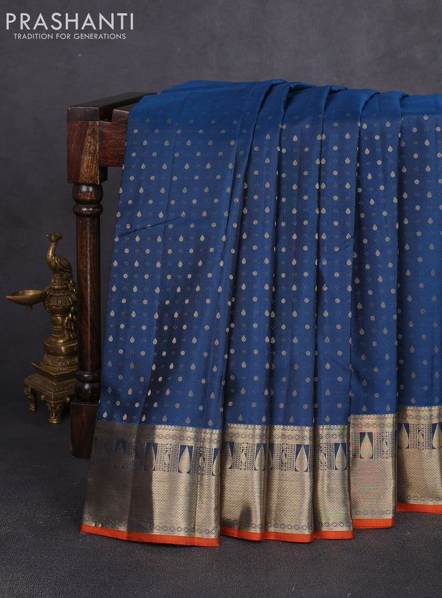 Pure kanchipuram silk saree peacock blue and orange with allover zari woven 1000 buttas and rich zari woven border
