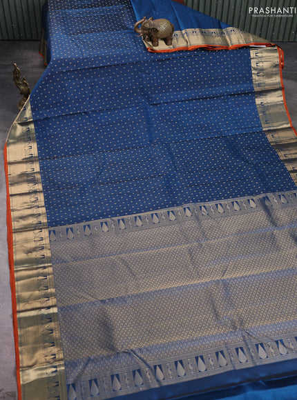 Pure kanchipuram silk saree peacock blue and orange with allover zari woven 1000 buttas and rich zari woven border