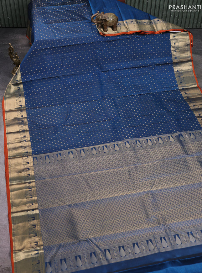 Pure kanchipuram silk saree peacock blue and orange with allover zari woven 1000 buttas and rich zari woven border