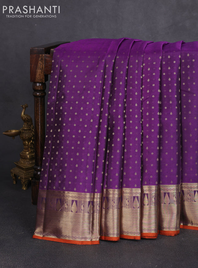 Pure kanchipuram silk saree purple and orange with allover zari woven 1000 buttas and rich zari woven border